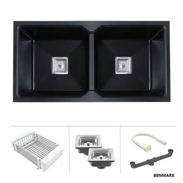 Quartz Double Bowl Kitchen Sink - Matte Black (37 x 18 x 9 Inches)