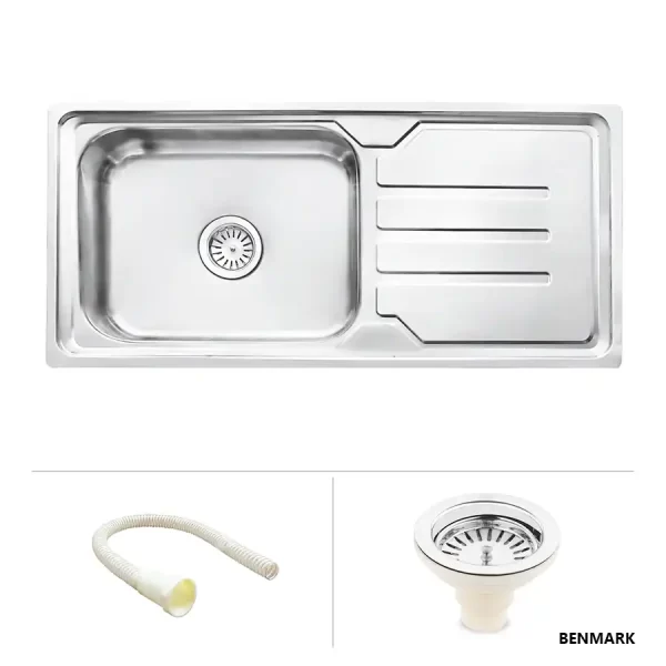 Square Single Bowl Kitchen Sink with Drainboard  Stainless Steel